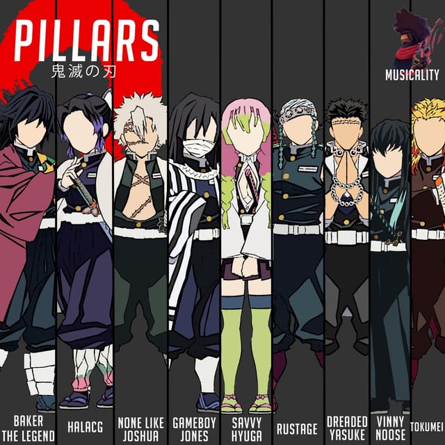 Album cover art for Pillars (Demon Slayer) [feat. Baker the Legend, Halacg, GameboyJones, Savvy Hyuga, Rustage, Dreaded Yasuke, Vinny Noose, Tokumei & Musicality]